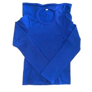 Comme des Garcons vintage blue knit top with square cut at the shoulders